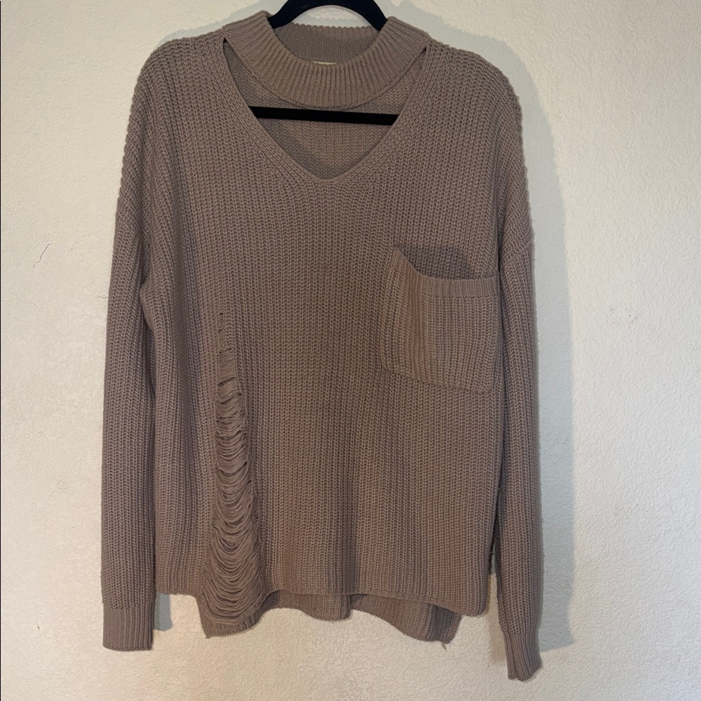Women’s Taupe Cutout Pocket V-Neck Sweater